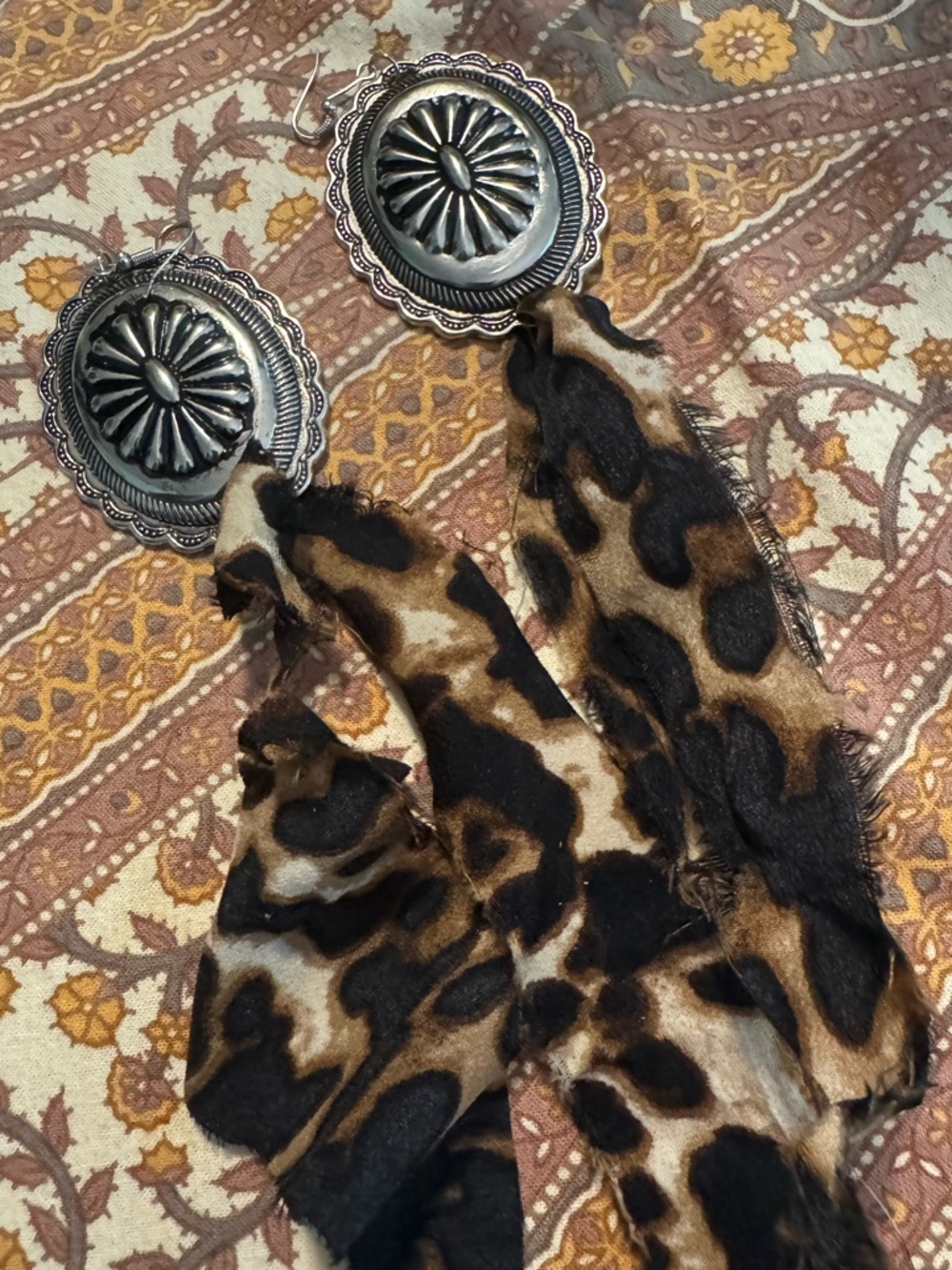 Leopard Print Ribbon Drop Earrings with Silver Concho Detail